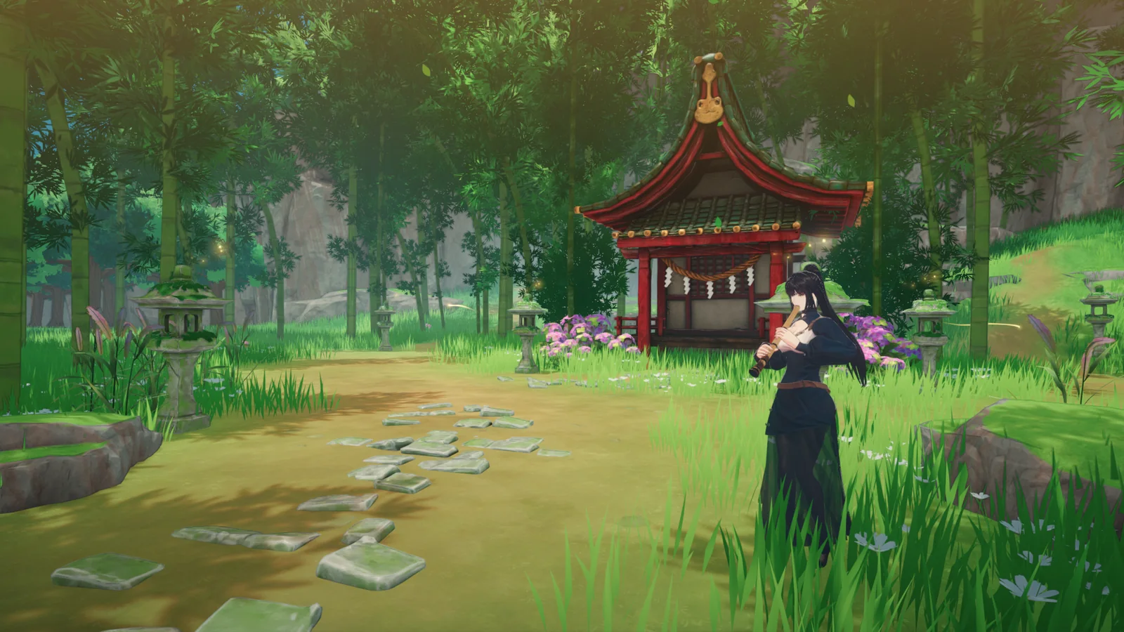 Tales of Seikyu bamboo shrine area with a dark-haired yokai resident