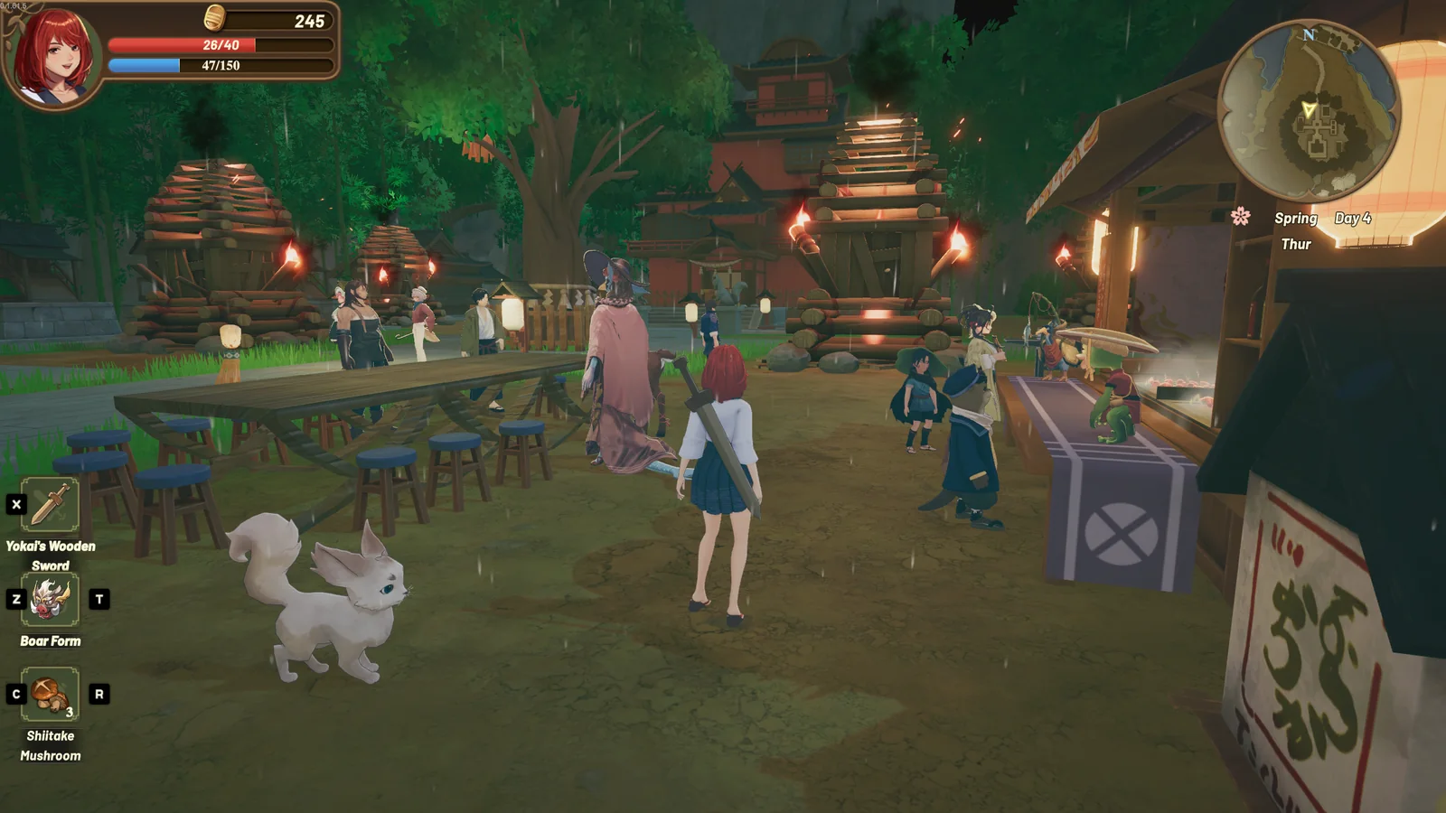 Tales of Seikyu gameplay in a busy night market with the player character, villagers, a fox companion and quick-slot interface