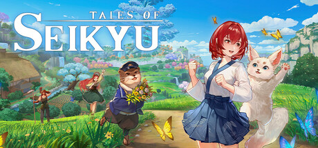 Official Tales of Seikyu key art showing the island, the red-haired protagonist, Torleone and a white fox companion
